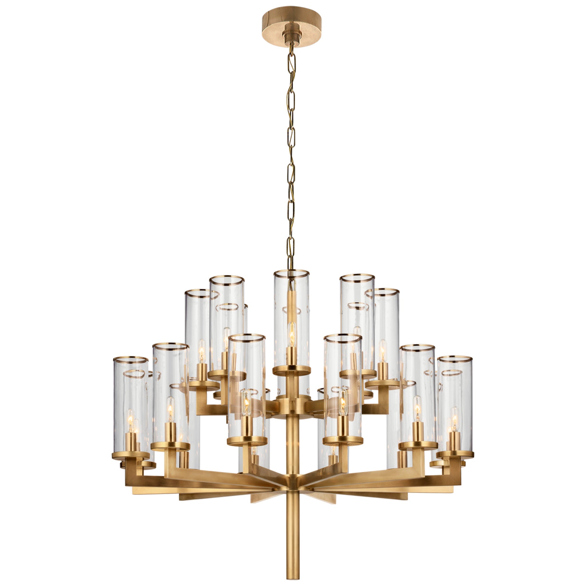 Kelly Wearstler Liaison Double Tier Chandelier in Antique-Burnished Brass with Clear Glass Ceiling Light W34"