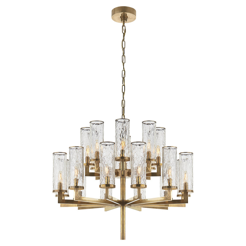 Kelly Wearstler Liaison Double Tier Chandelier in Antique-Burnished Brass with Crackle Glass