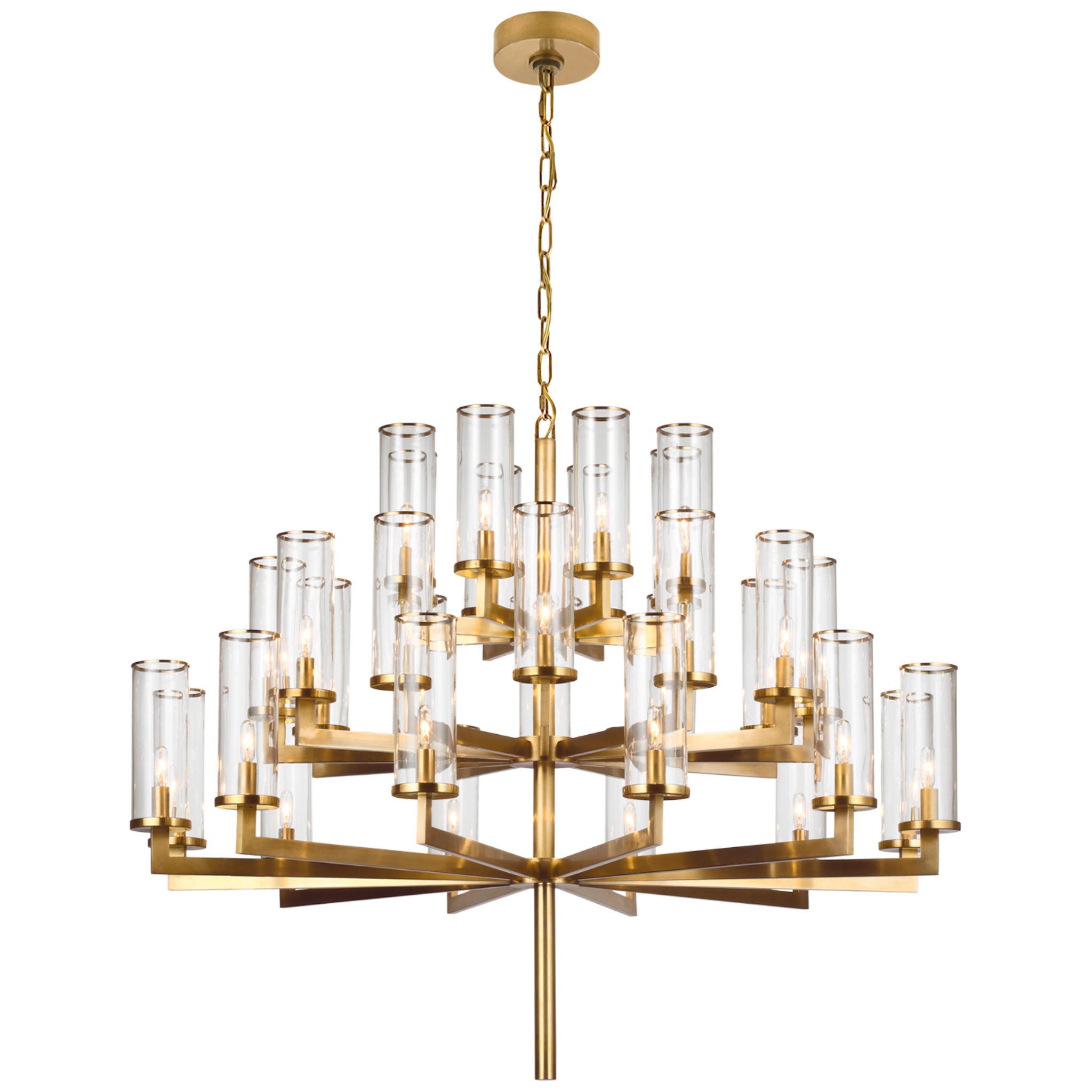 Kelly Wearstler Liaison Triple Tier Chandelier in Antique-Burnished Brass with Clear Glass Ceiling Light W47.5"