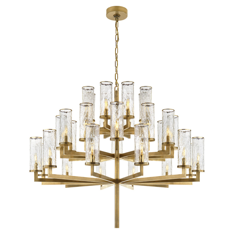 Kelly Wearstler Liaison Triple Tier Chandelier in Antique-Burnished Brass with Crackle Glass