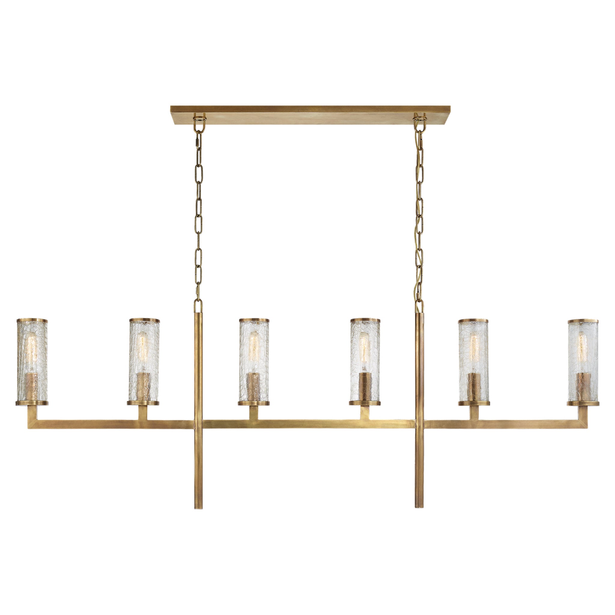 Kelly Wearstler Liaison Large Linear Chandelier in Antique-Burnished Brass with Crackle Glass