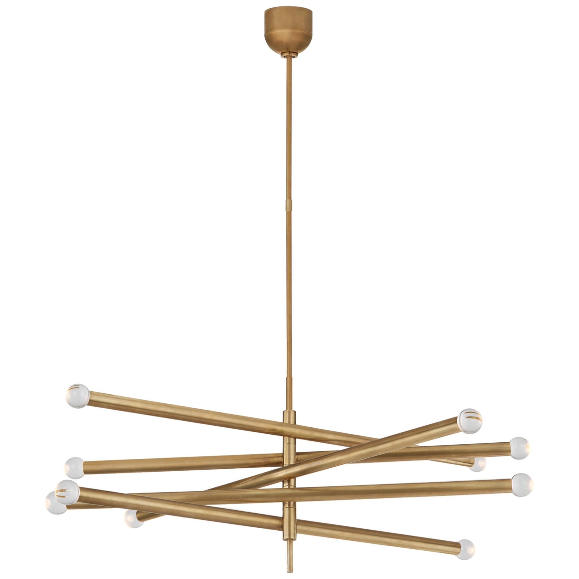Kelly Wearstler Rousseau Grande Ten Light Articulating Chandelier in Antique-Burnished Brass with Clear Glass Orb Ceiling Light W3.5" - 38.25"