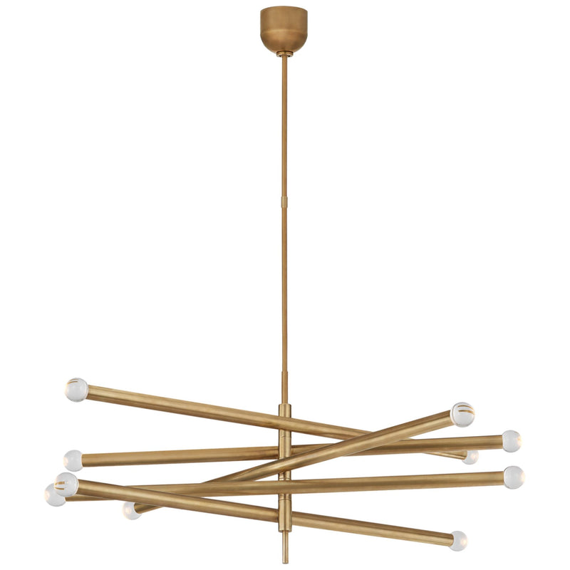 Kelly Wearstler Rousseau Grande Ten Light Articulating Chandelier in Antique-Burnished Brass with Clear Glass Orb