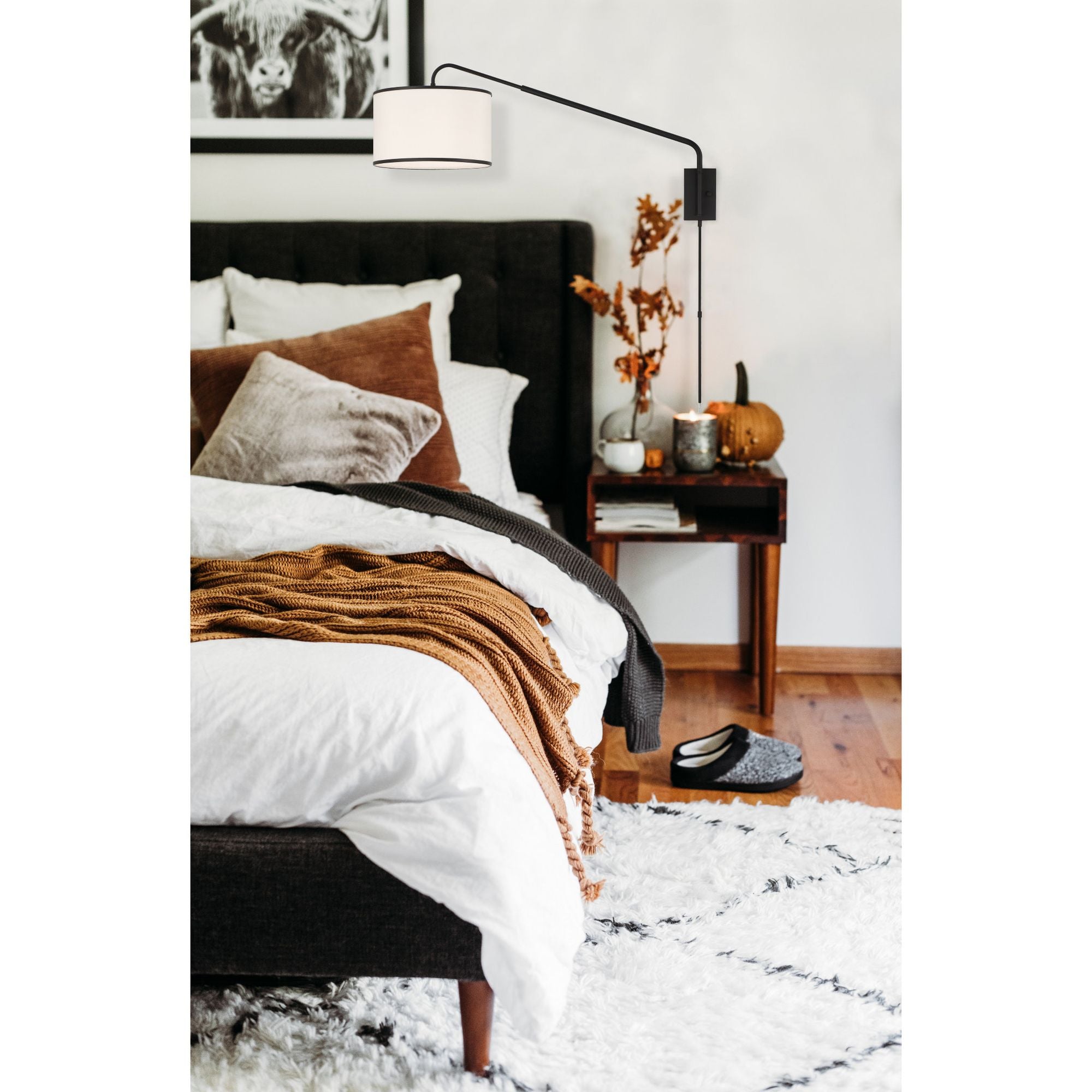 Mallory 1 Light Matte Black Swing Arm Sconce Linen Shade 15"W x 22"H x 50.5"D