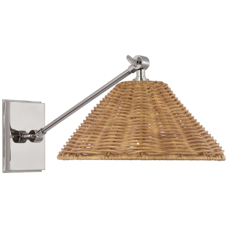 Marie Flanigan Wimberley Single Library Wall Light in Polished Nickel with Natural Wicker Shade