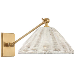 Marie Flanigan Wimberley Single Library Wall Light in Soft Brass with White Wicker Shade