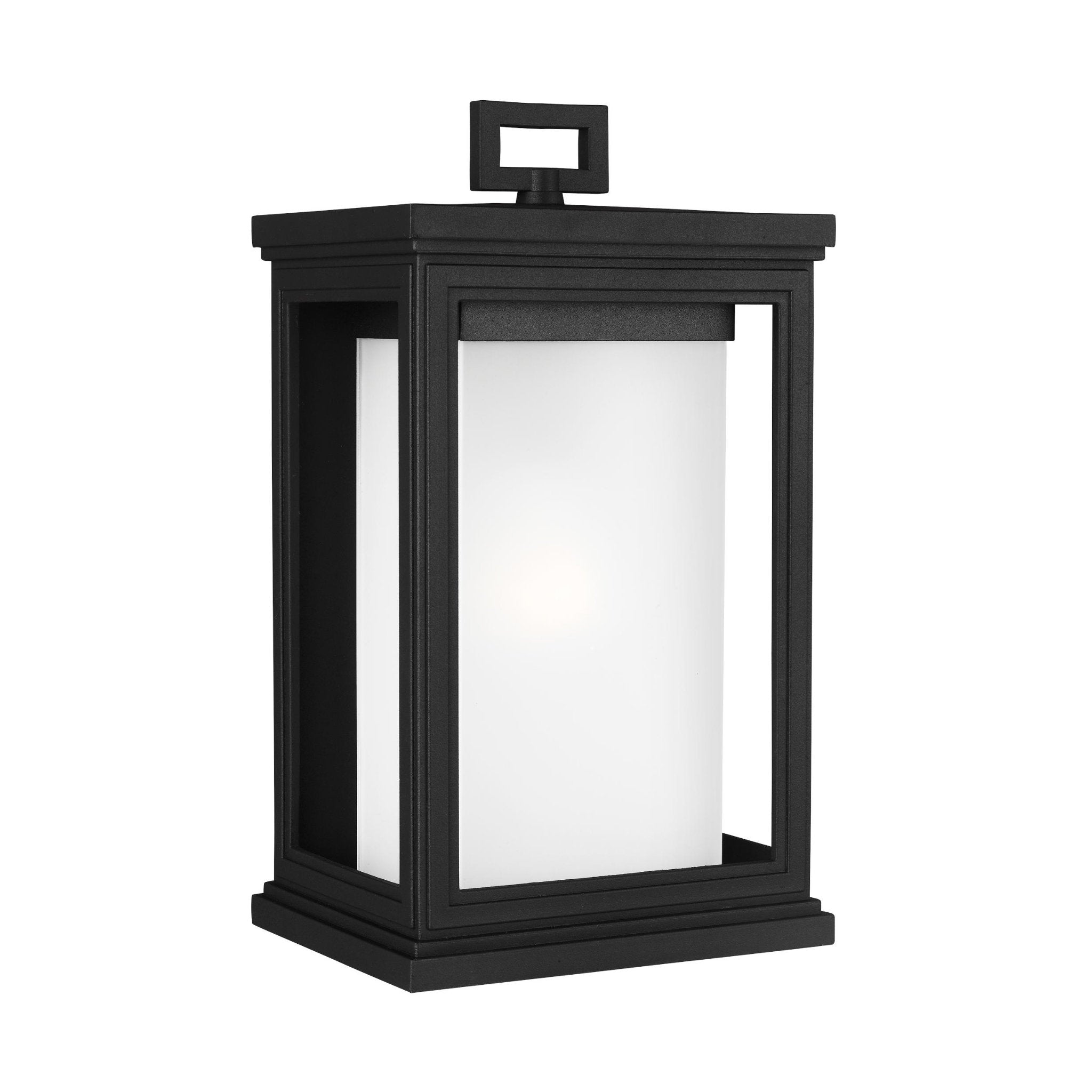 Roscoe Medium Lantern Transitional Outdoor Fixture 7.5" Width 13.5" Height StoneStrong Rectangular White Opal Etched Shade in Textured Black