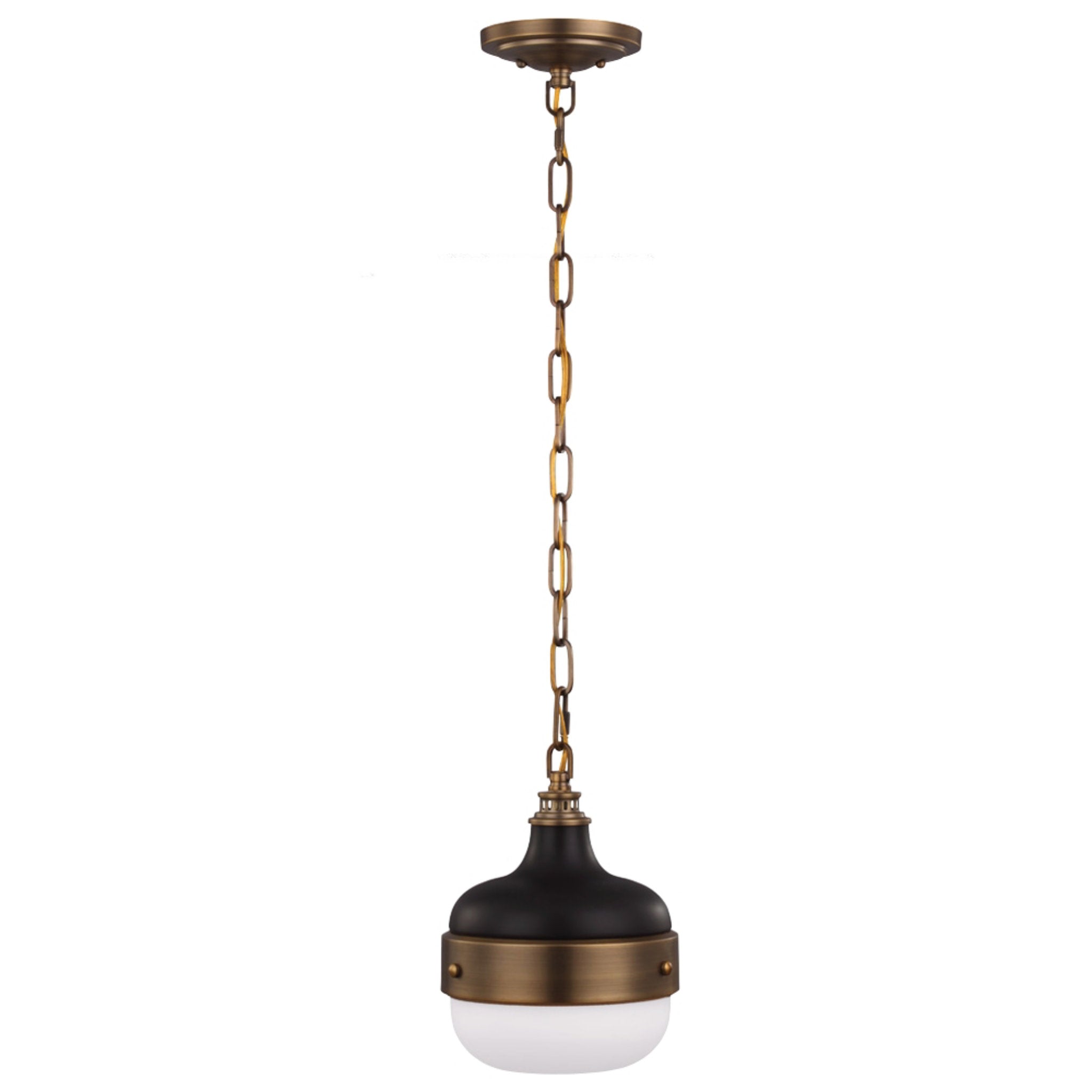 Cadence Mini Pendant Period Inspired Dark Sky 10.875" Height Steel Round White Opal Etched Shade in Antique Brass / Matte Black