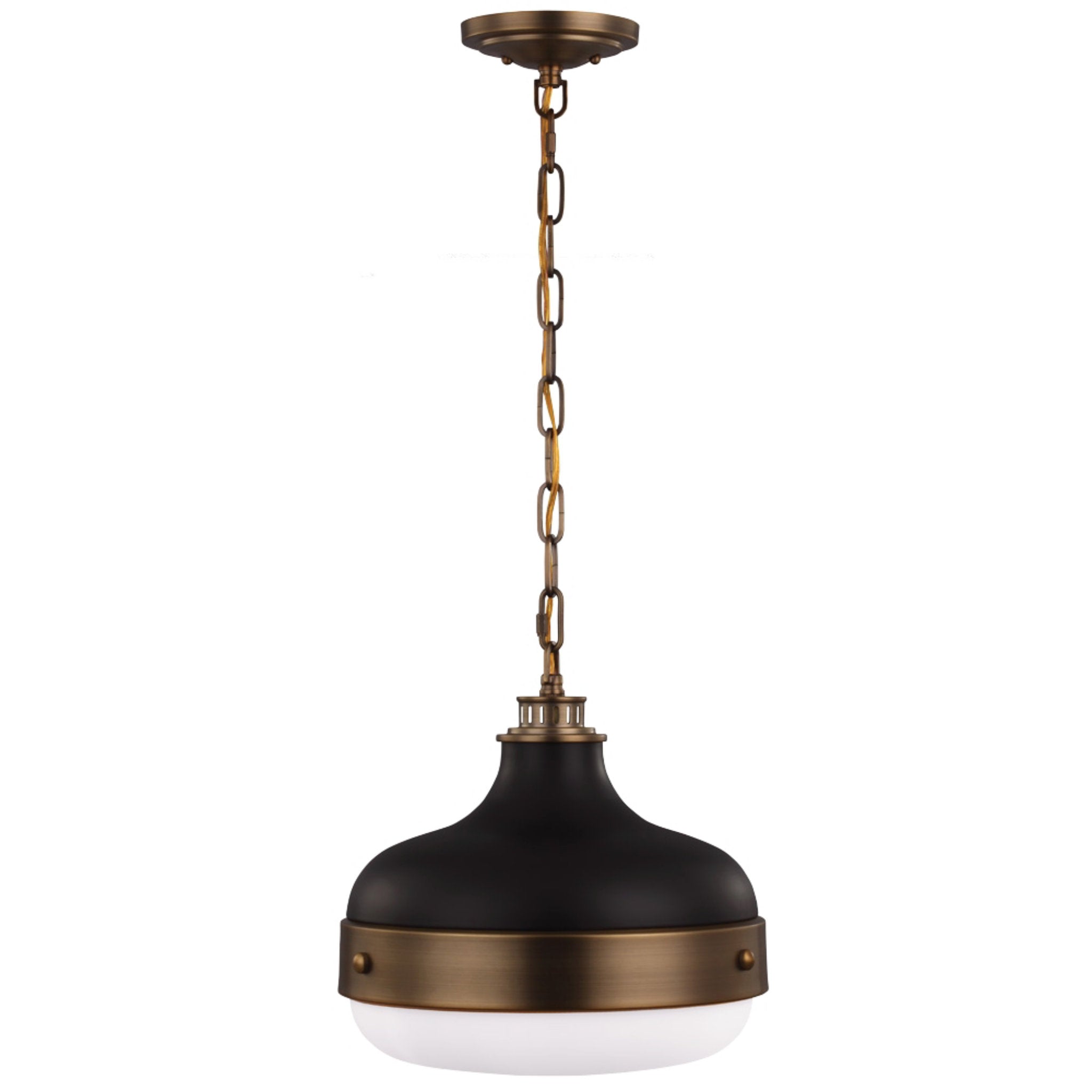 Cadence Pendant Period Inspired Dark Sky 13.125" Height Steel Round White Opal Etched Shade in Antique Brass / Matte Black