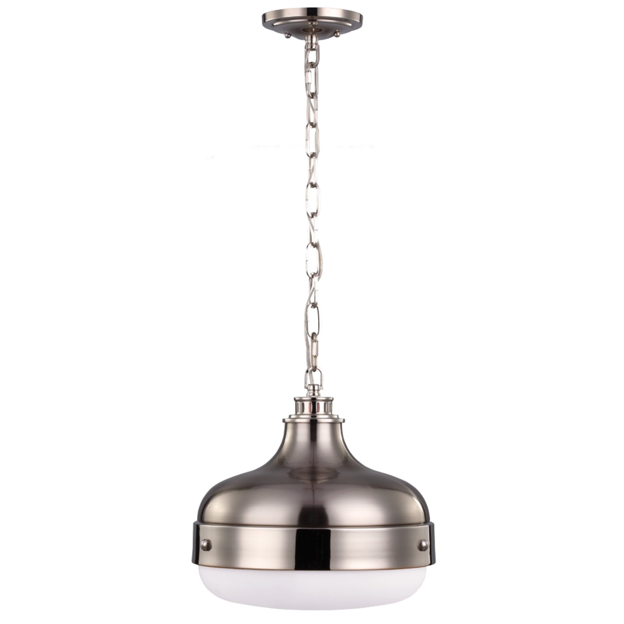 Cadence Pendant Period Inspired 13.125" Height Steel Round White Opal Etched Shade in Polished Nickel / Brushed