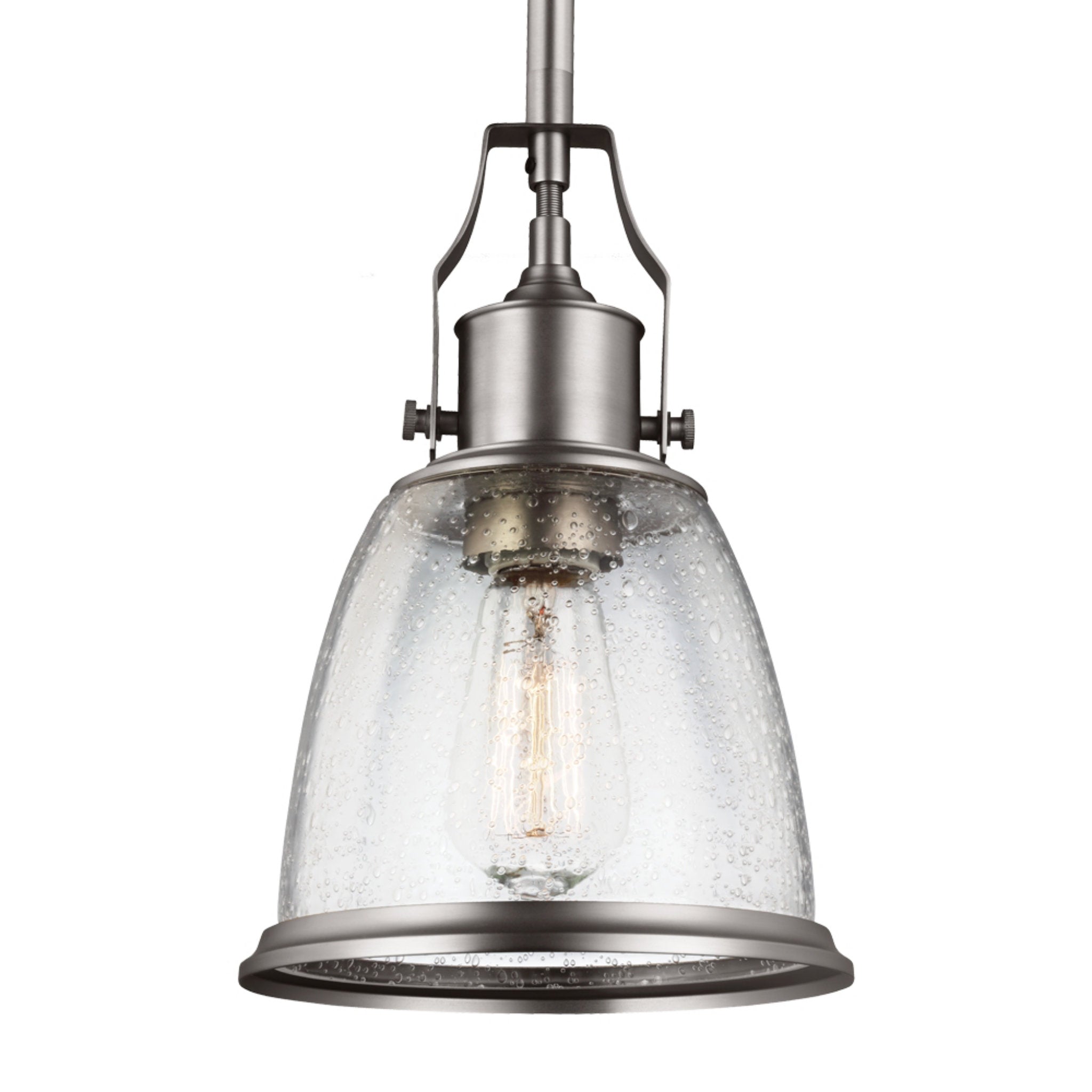 Hobson Mini-Pendant Transitional 11.75" Height Steel Round Clear Seeded Shade in Satin Nickel