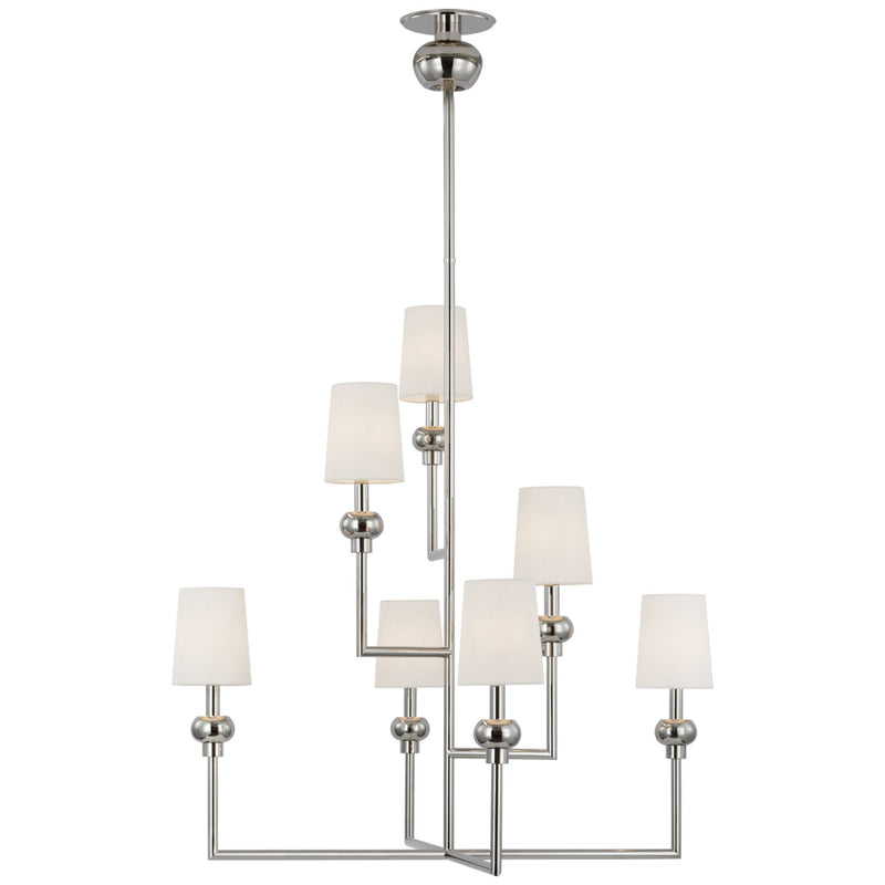 Paloma Contreras Comtesse XL Offset Chandelier in Polished Nickel with Linen Shades