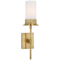 Ray Booth Beza Medium Tail Sconce in Antique Brass with White Glass