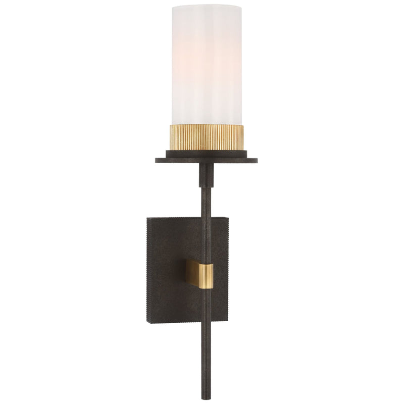 Ray Booth Beza Medium Tail Sconce in Warm Iron and Antique Brass with White Glass