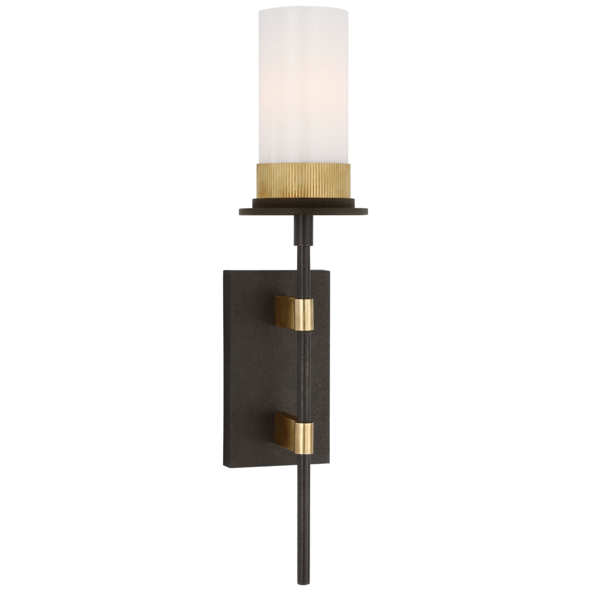Ray Booth Beza Large Tail Sconce in Warm Iron and Antique Brass with White Glass Wall Light W5.25" x H22.5"