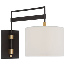 Ray Booth Gael Medium Articulating Wall Light in Warm Iron and Antique Brass with Linen Shade