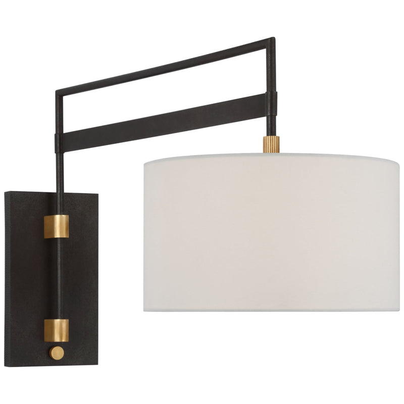 Ray Booth Gael Large Articulating Wall Light in Warm Iron and Antique Brass with Linen Shade