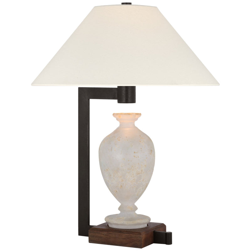 Ray Booth Phial Large Display Form Table Lamp in Etruscan Glass and Warm Iron and Dark Walnut with Linen Shade