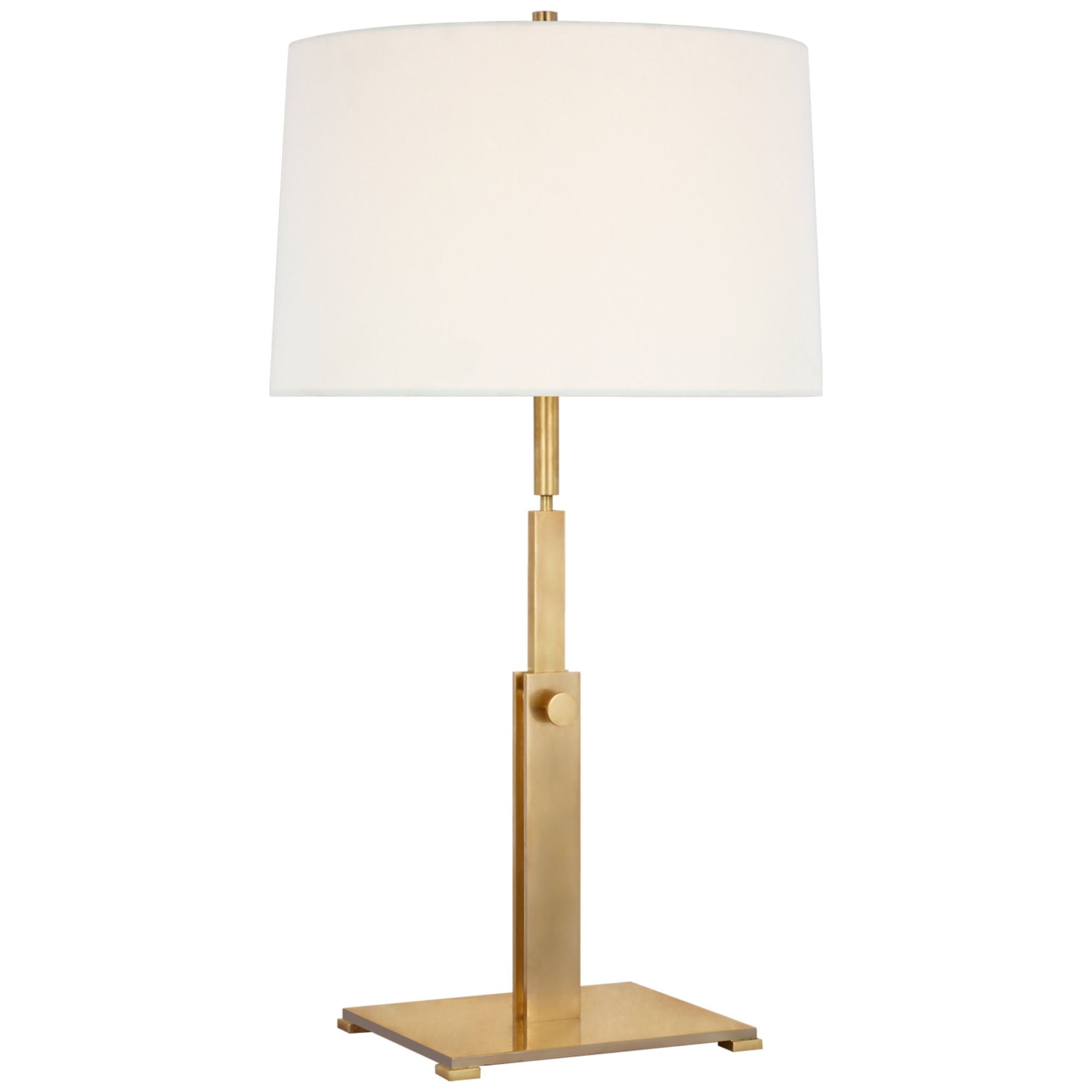 Ray Booth Cadmus Large Adjustable Table Lamp in Antique Brass with Linen Shade W16" x H26.5" - 32.25"