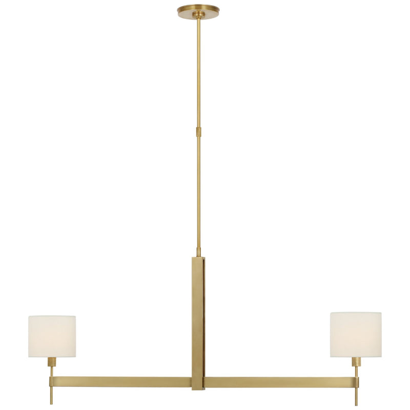 Ray Booth Brontes Large Linear Chandelier in Antique Brass with Linen Shades