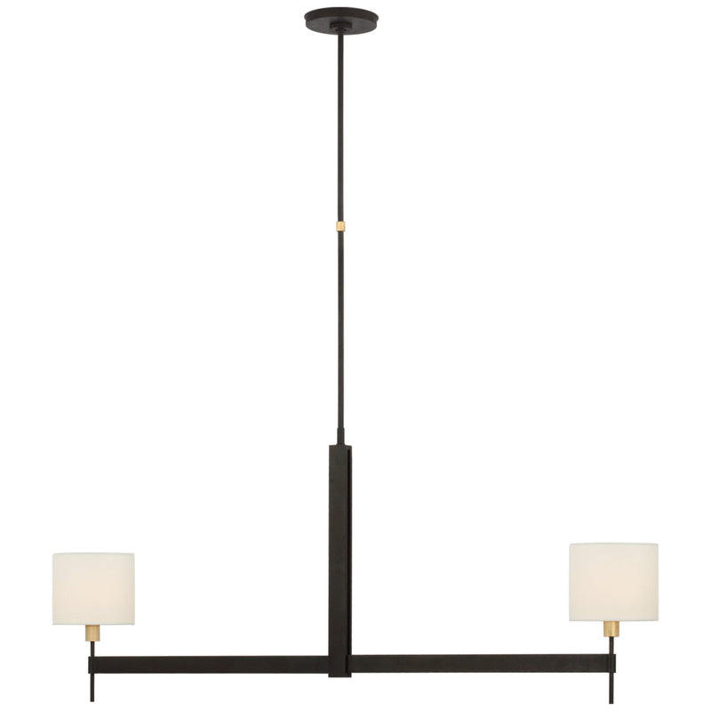 Ray Booth Brontes Large Linear Chandelier in Warm Iron and Antique Brass with Linen Shades