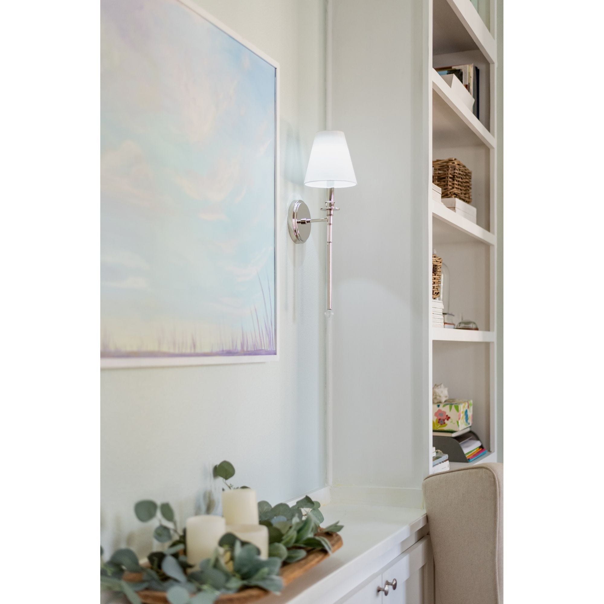 Riverdale 1 Light Polished Nickel Sconce Glass Silk Shade 6"W x 14.5"H x 7"D