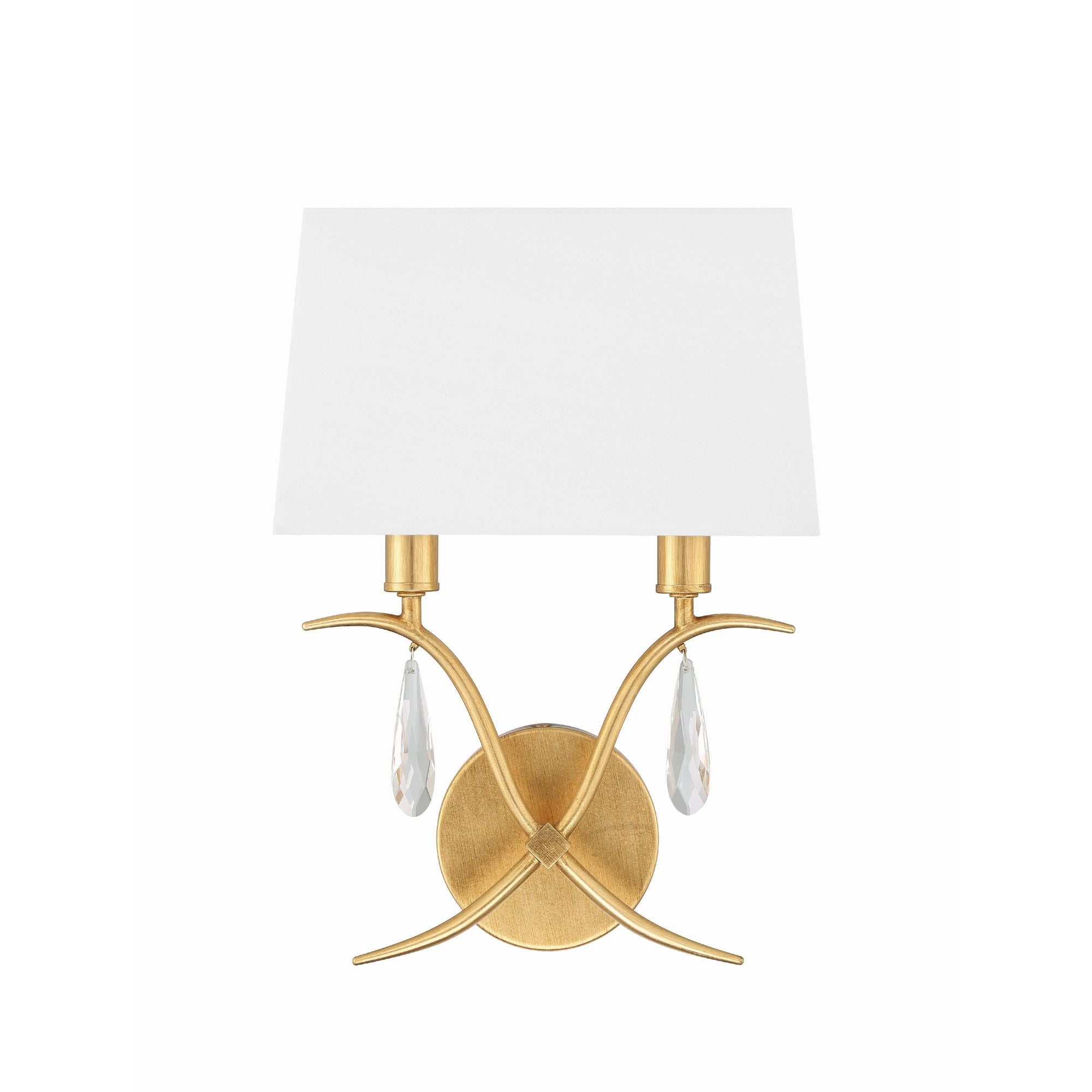 Rollins 2 Light Antique Gold Sconce Hand Cut Crystal Silk Shade 10"W x 14"H x 4.5"D