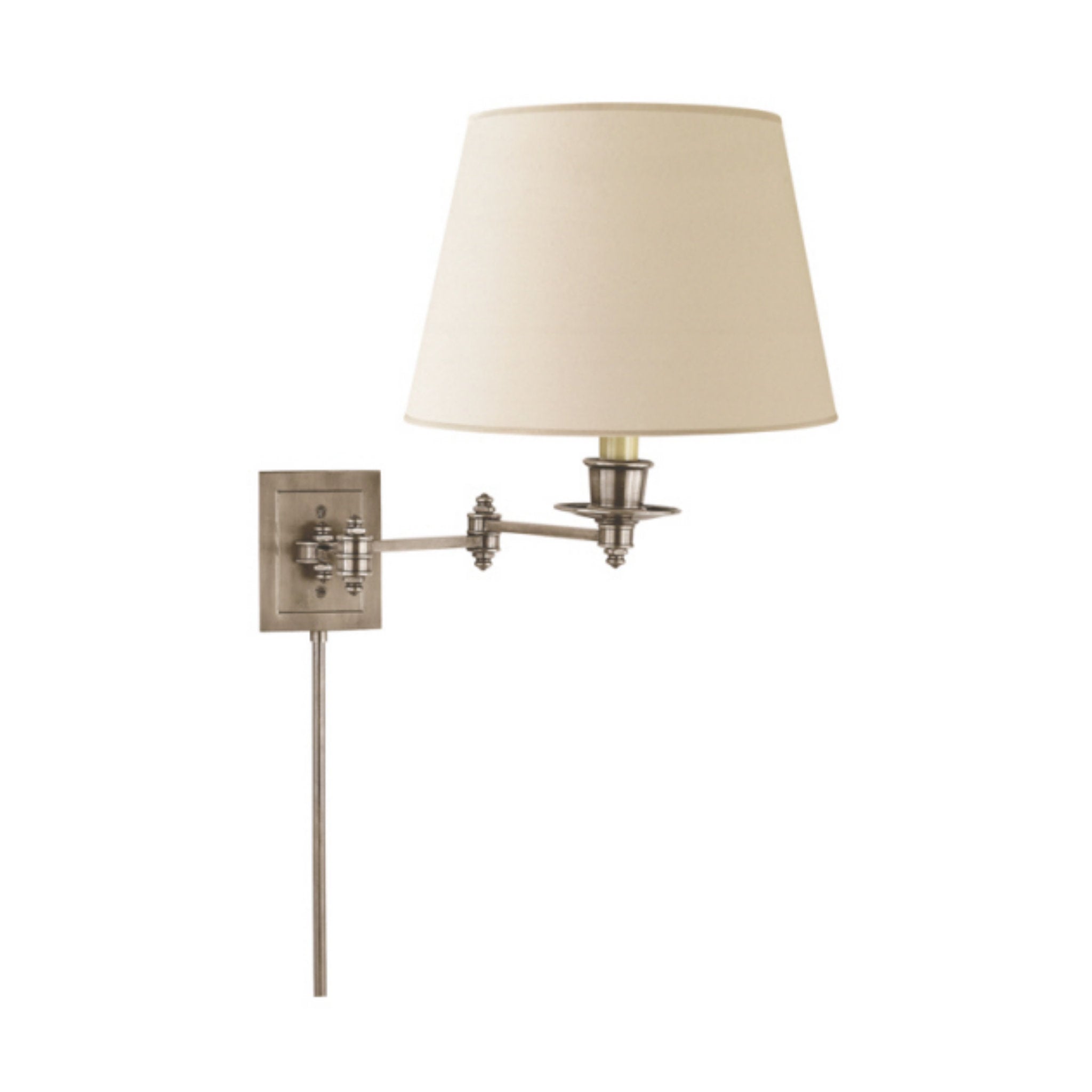 Visual Comfort Triple Swing Arm Wall Lamp in Antique Nickel with Linen Shade