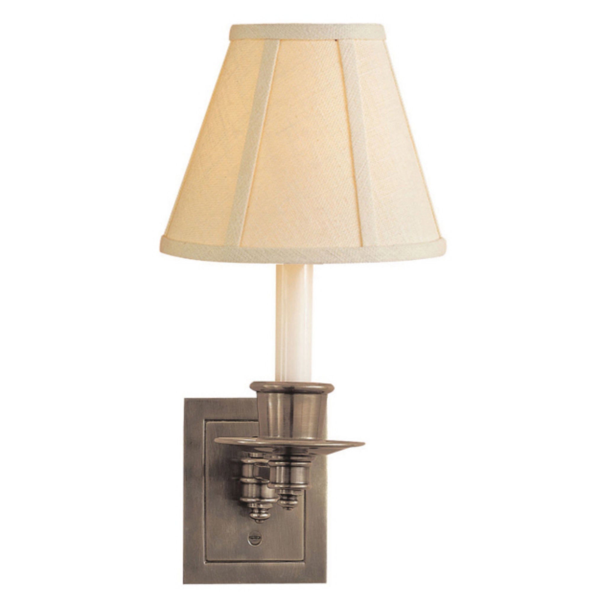 Visual Comfort Single Swing Arm Sconce in Antique Nickel with Linen Shade