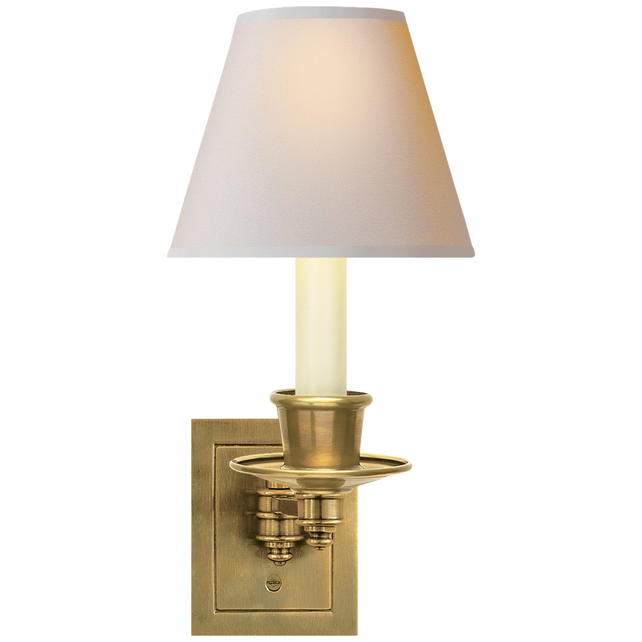 Visual Comfort Single Swing Arm Sconce in Hand-Rubbed Antique Brass with Natural Paper Shade