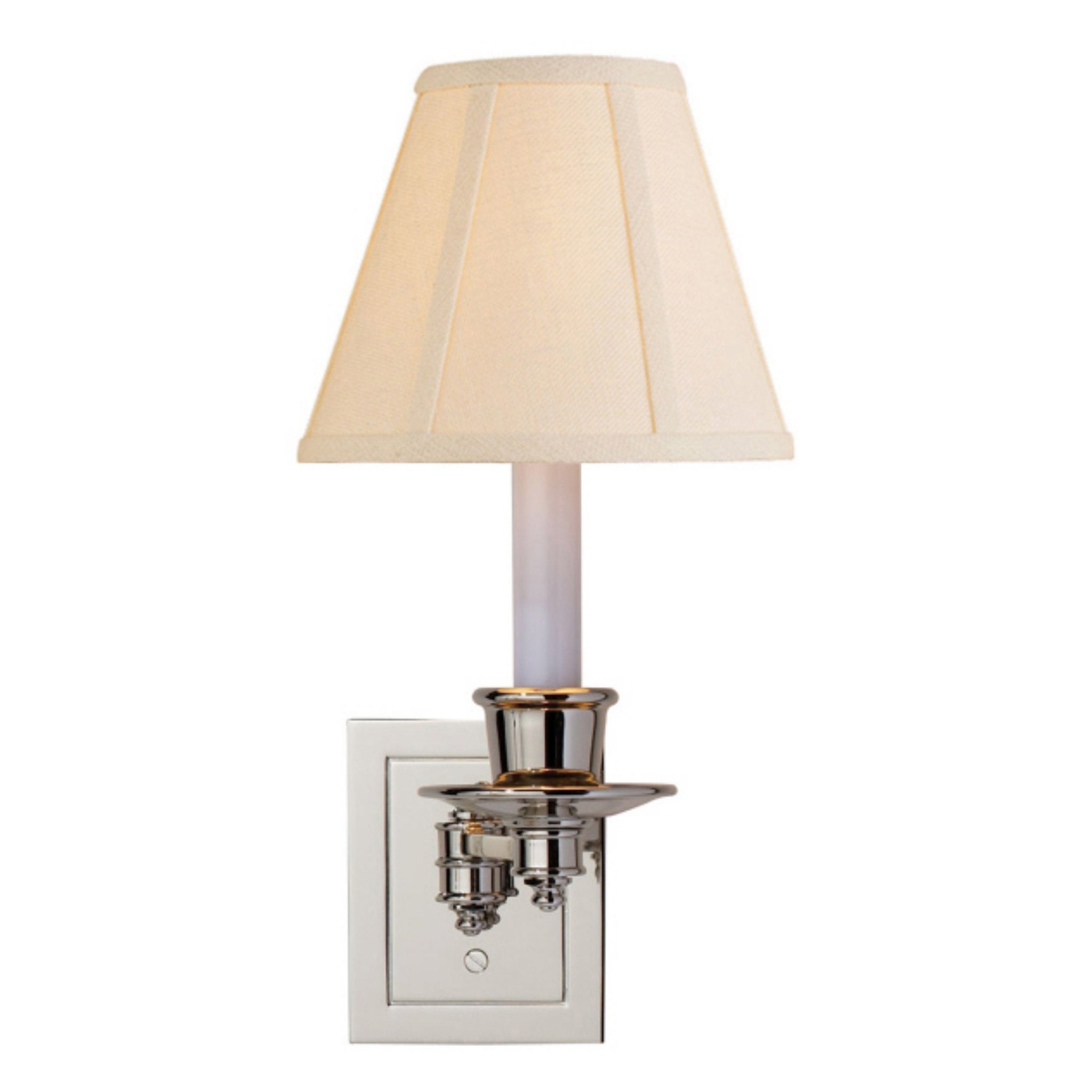 Visual Comfort Single Swing Arm Sconce in Polished Nickel with Linen Shade