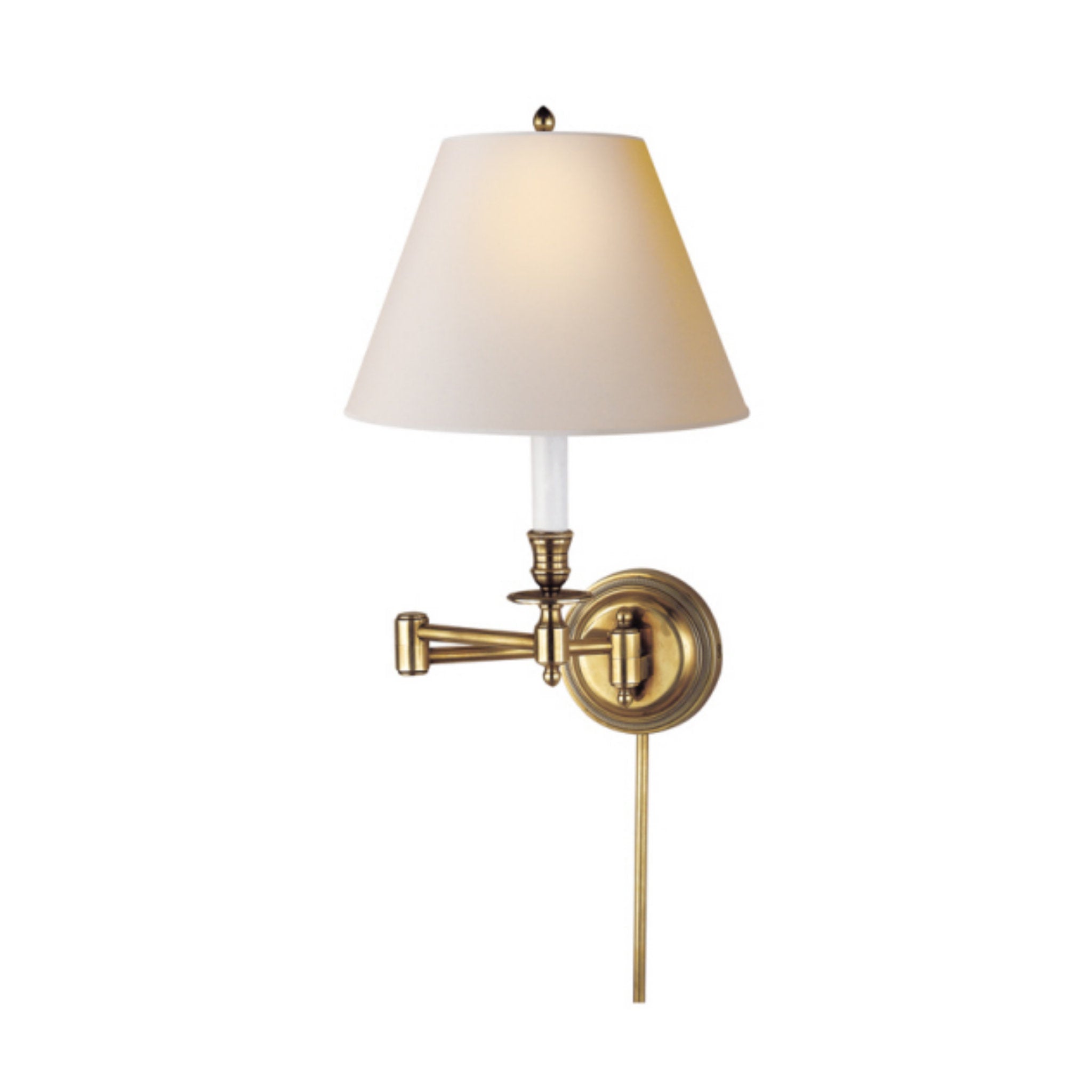 Visual Comfort Candlestick Swing Arm in Hand-Rubbed Antique Brass with Natural Paper Shade