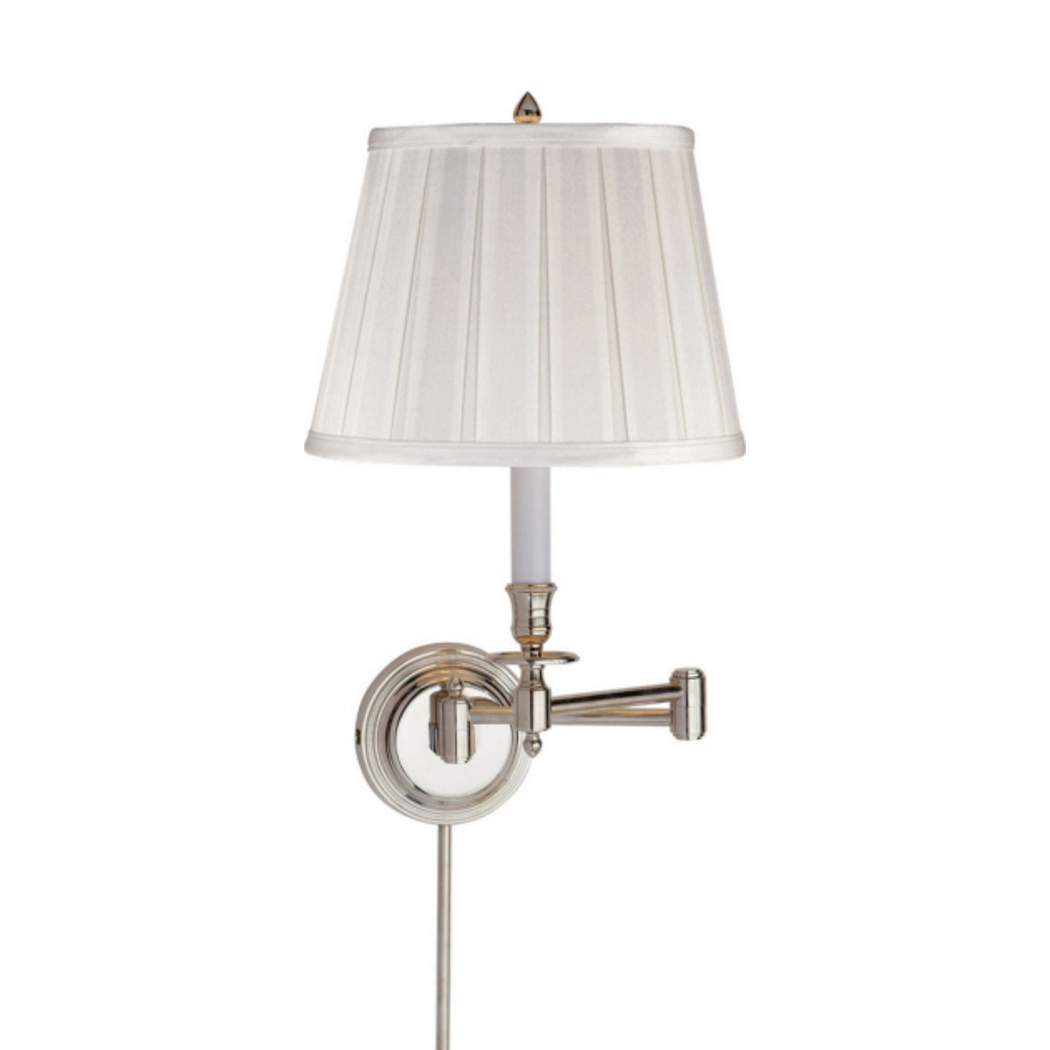 Visual Comfort Candlestick Swing Arm in Polished Nickel with Silk Shade Wall Light W19.25" x H16"