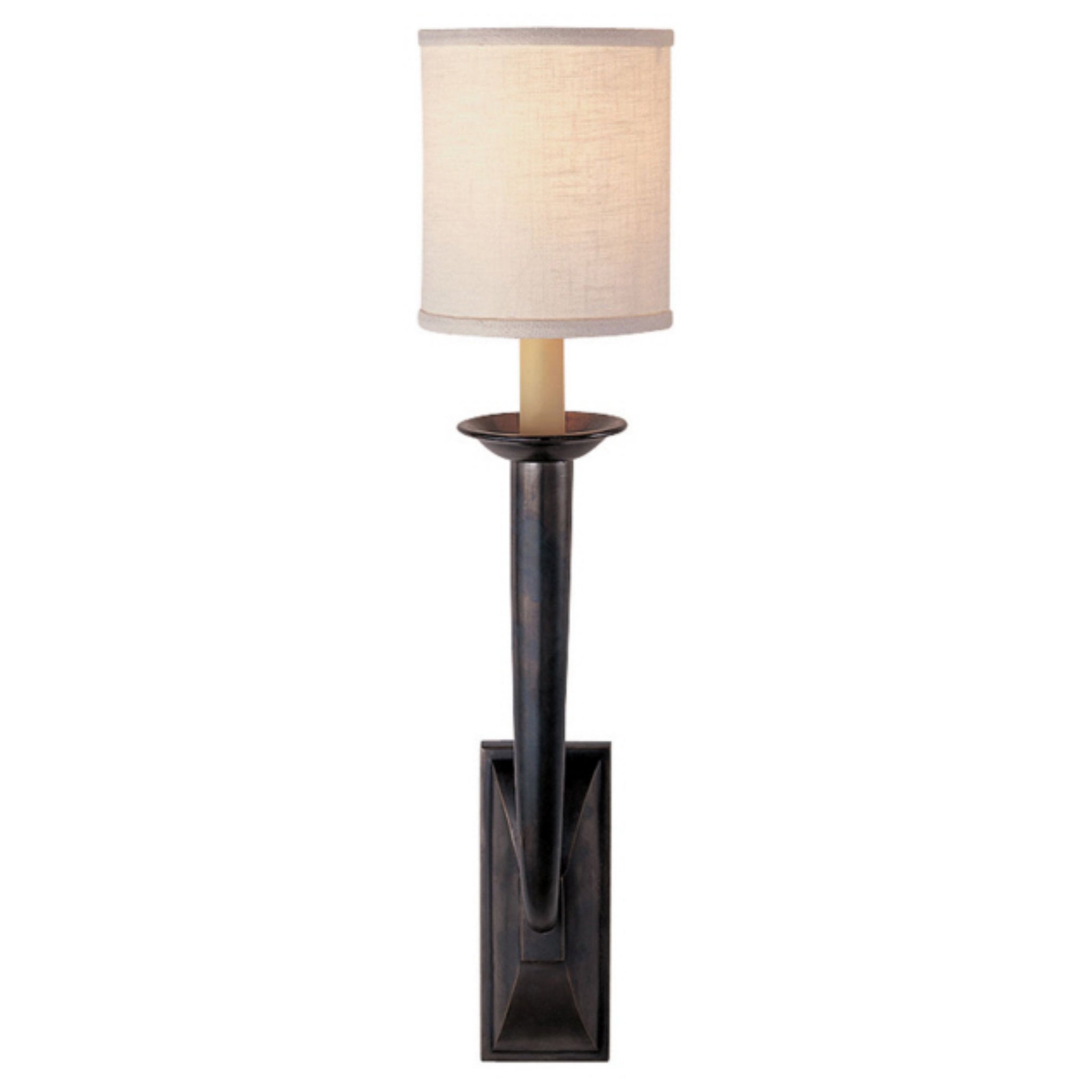 Visual Comfort French Deco Horn Sconce in Bronze with Linen Shade Wall Light W5" x H23.5"
