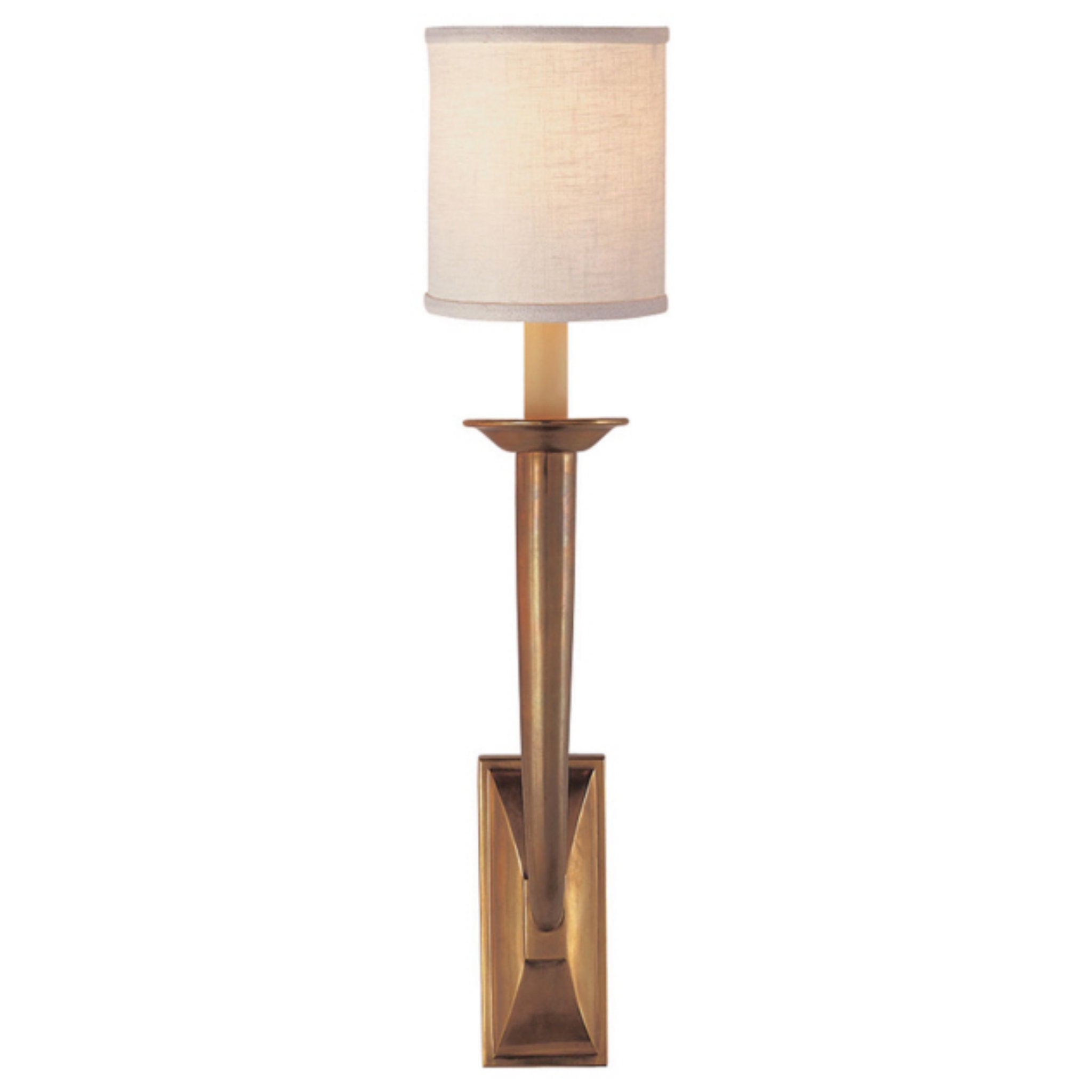 Visual Comfort French Deco Horn Sconce in Hand-Rubbed Antique Brass with Linen Shade Wall Light W5" x H23.5"