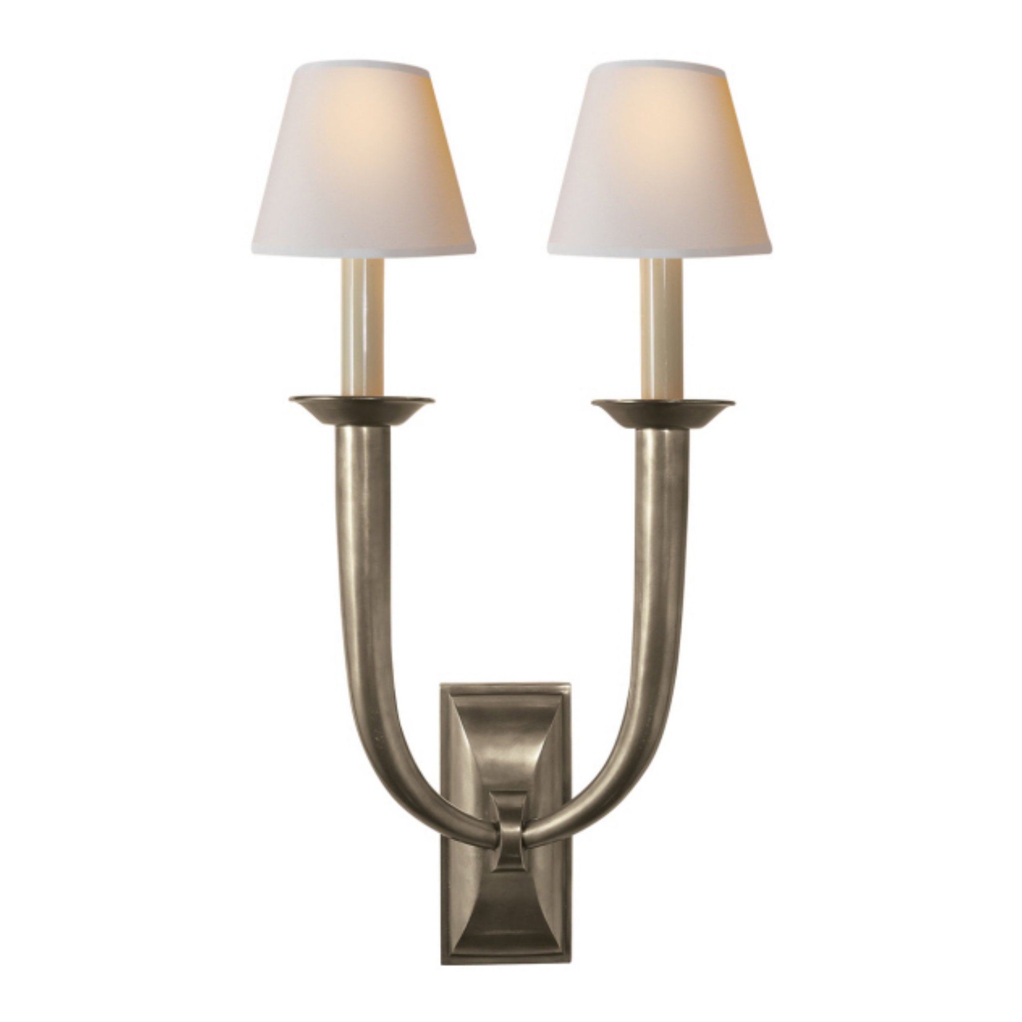 Visual Comfort French Deco Horn Double Sconce in Antique Nickel with Natural Paper Shades