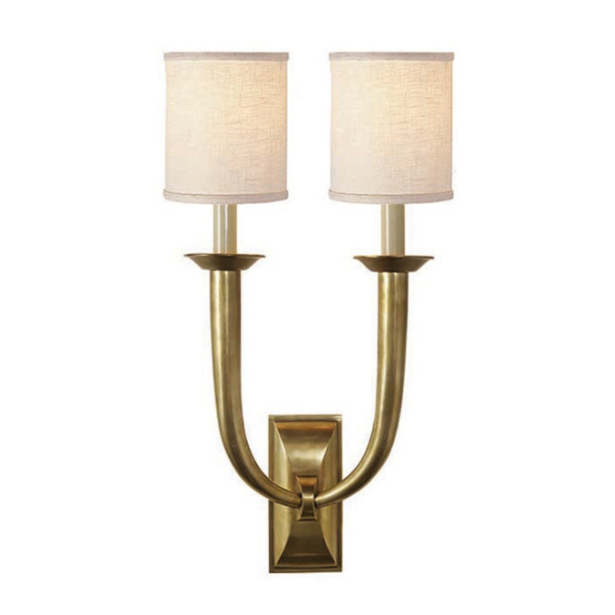 Visual Comfort French Deco Horn Double Sconce in Hand-Rubbed Antique Brass with Linen Shades