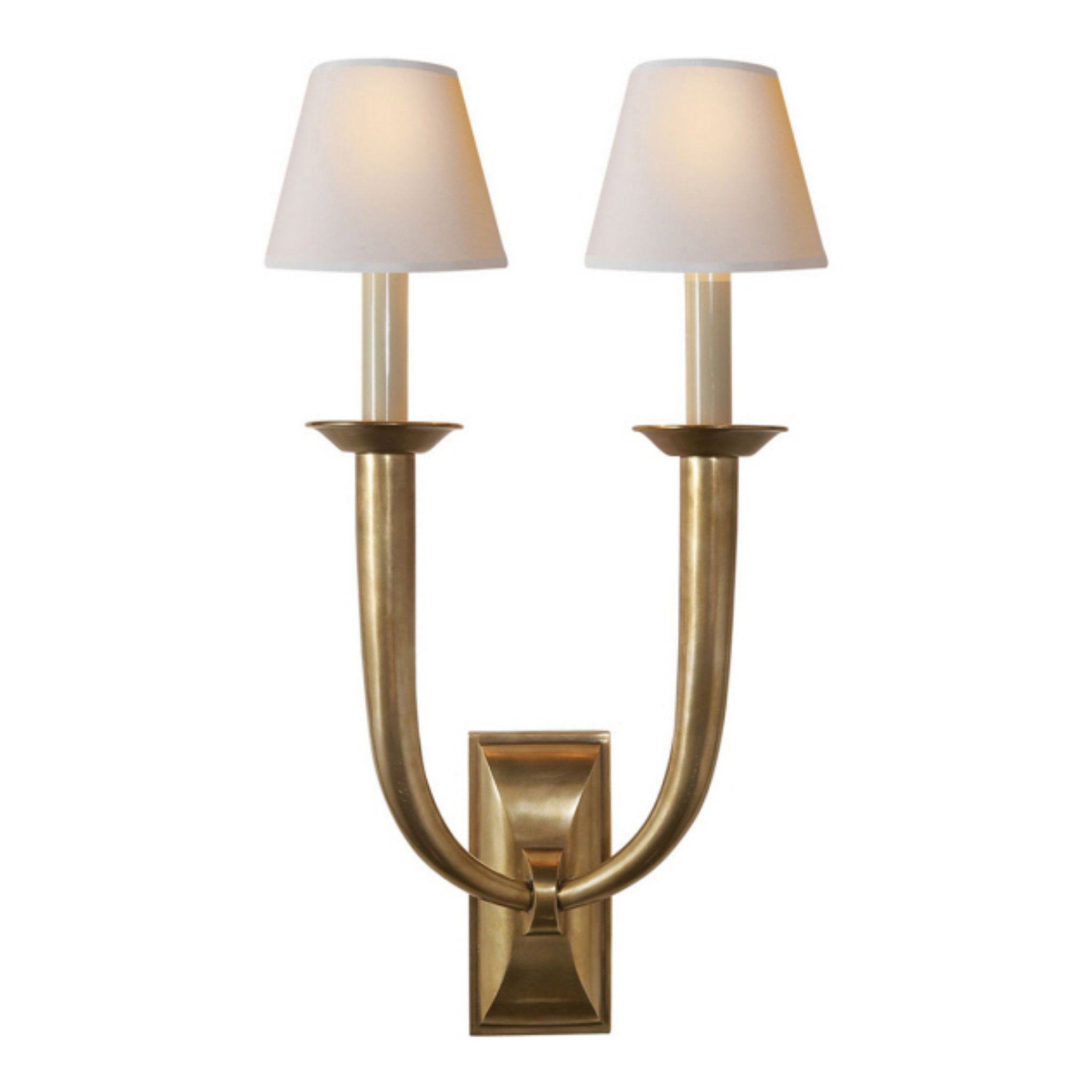 Visual Comfort French Deco Horn Double Sconce in Hand-Rubbed Antique Brass with Natural Paper Shades