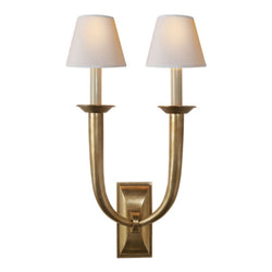 Studio VC French Deco Horn Double Sconce in Hand-Rubbed Antique Brass with Natural Paper Shades