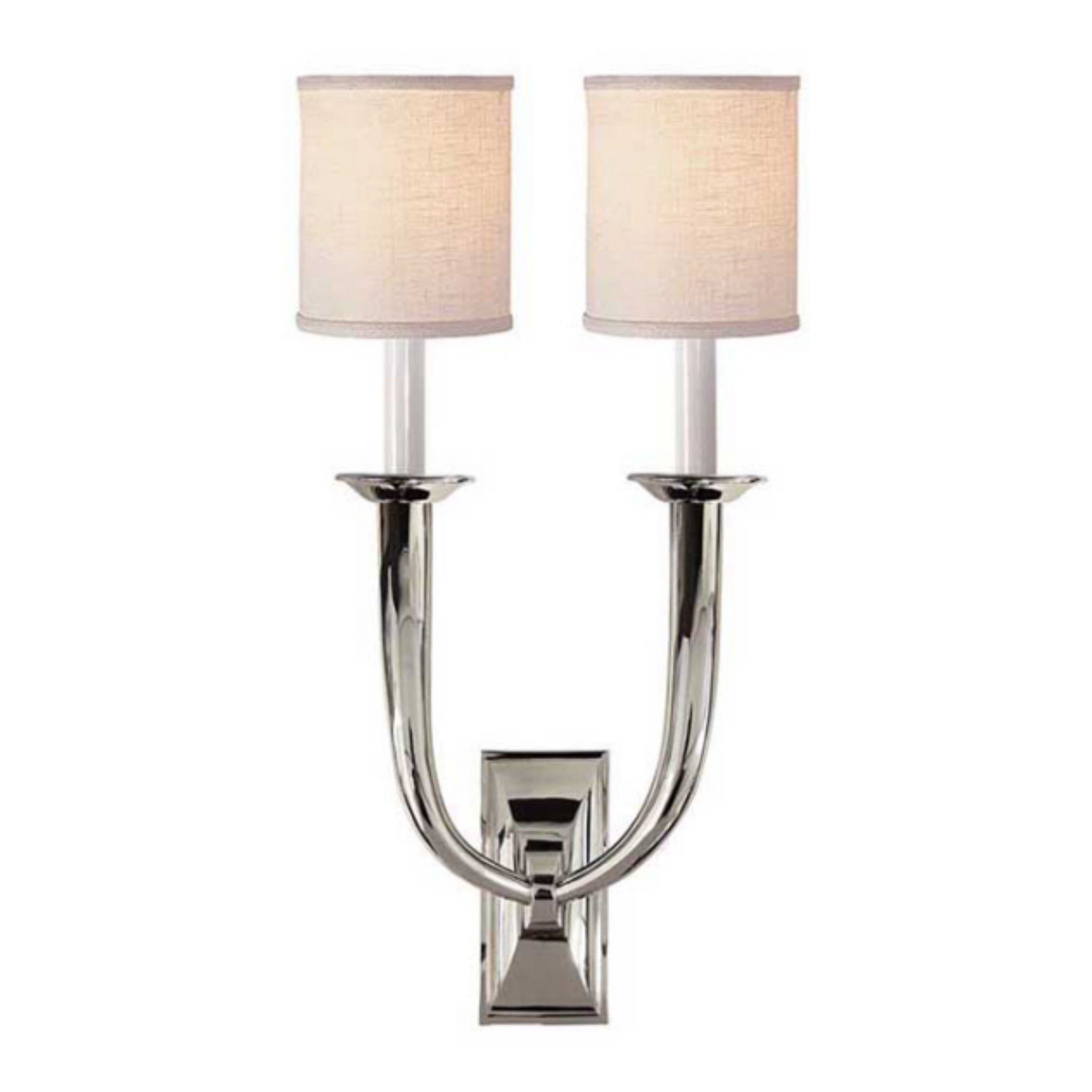 Visual Comfort French Deco Horn Double Sconce in Polished Nickel with Linen Shades