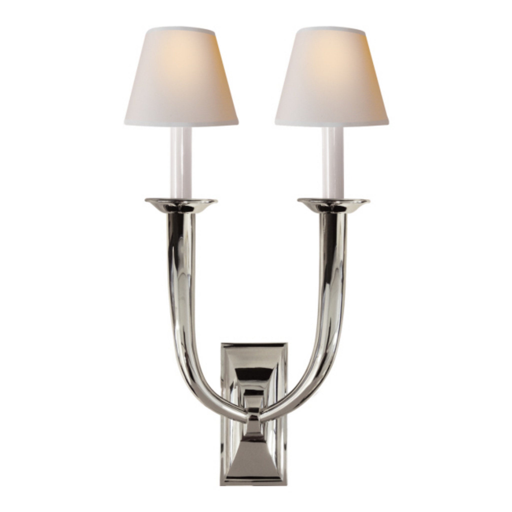 Visual Comfort French Deco Horn Double Sconce in Polished Nickel with Natural Paper Shades