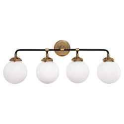 Ian K. Fowler Bistro Four Light Bath Sconce in Hand-Rubbed Antique Brass and Black with White Glass