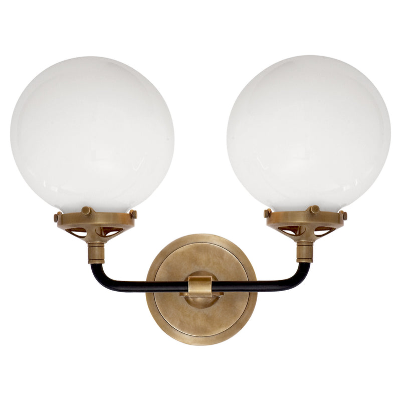 Ian K. Fowler Bistro Double Light Curved Sconce in Hand-Rubbed Antique Brass and Black with White Glass