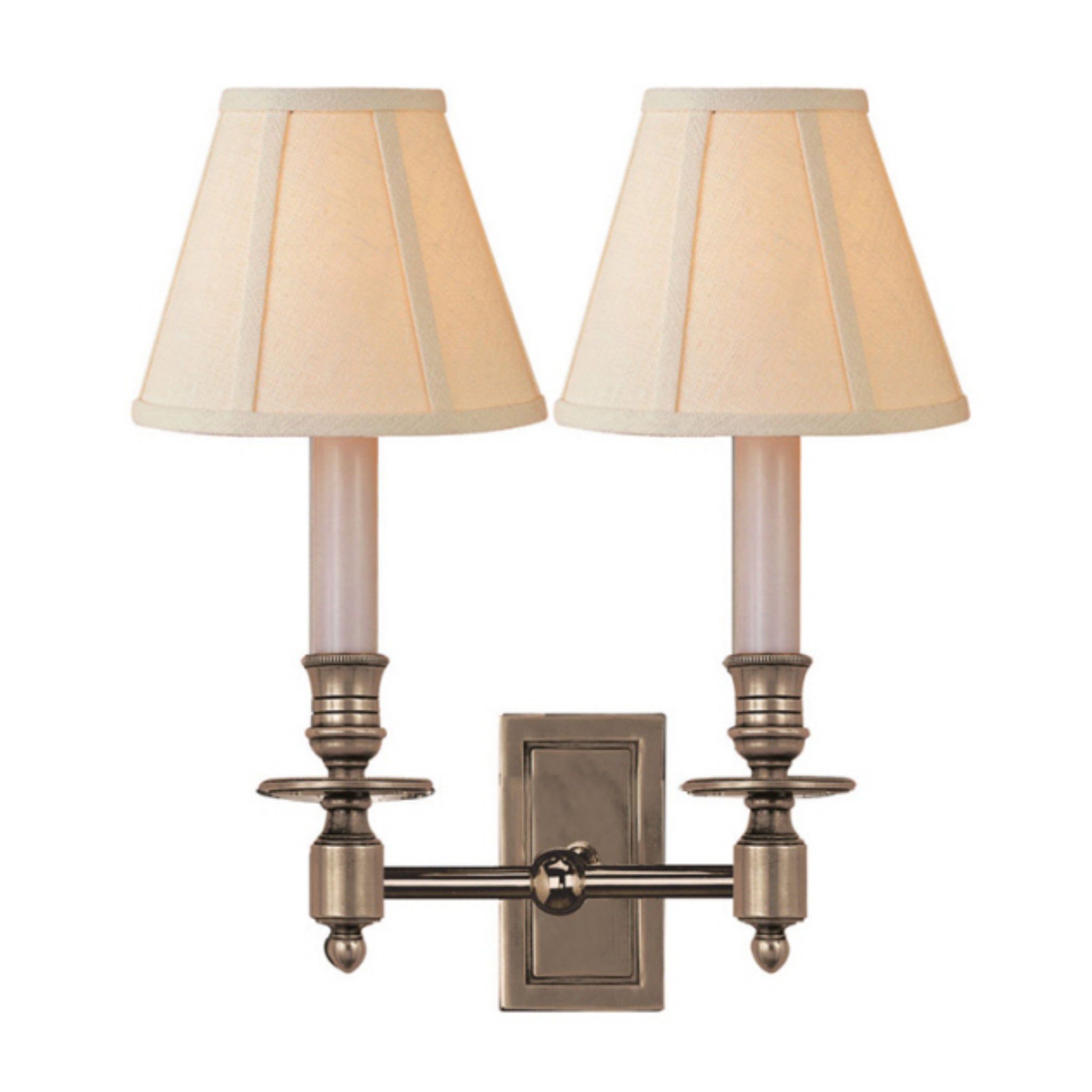 Visual Comfort French Double Library Sconce in Antique Nickel with Linen Shades