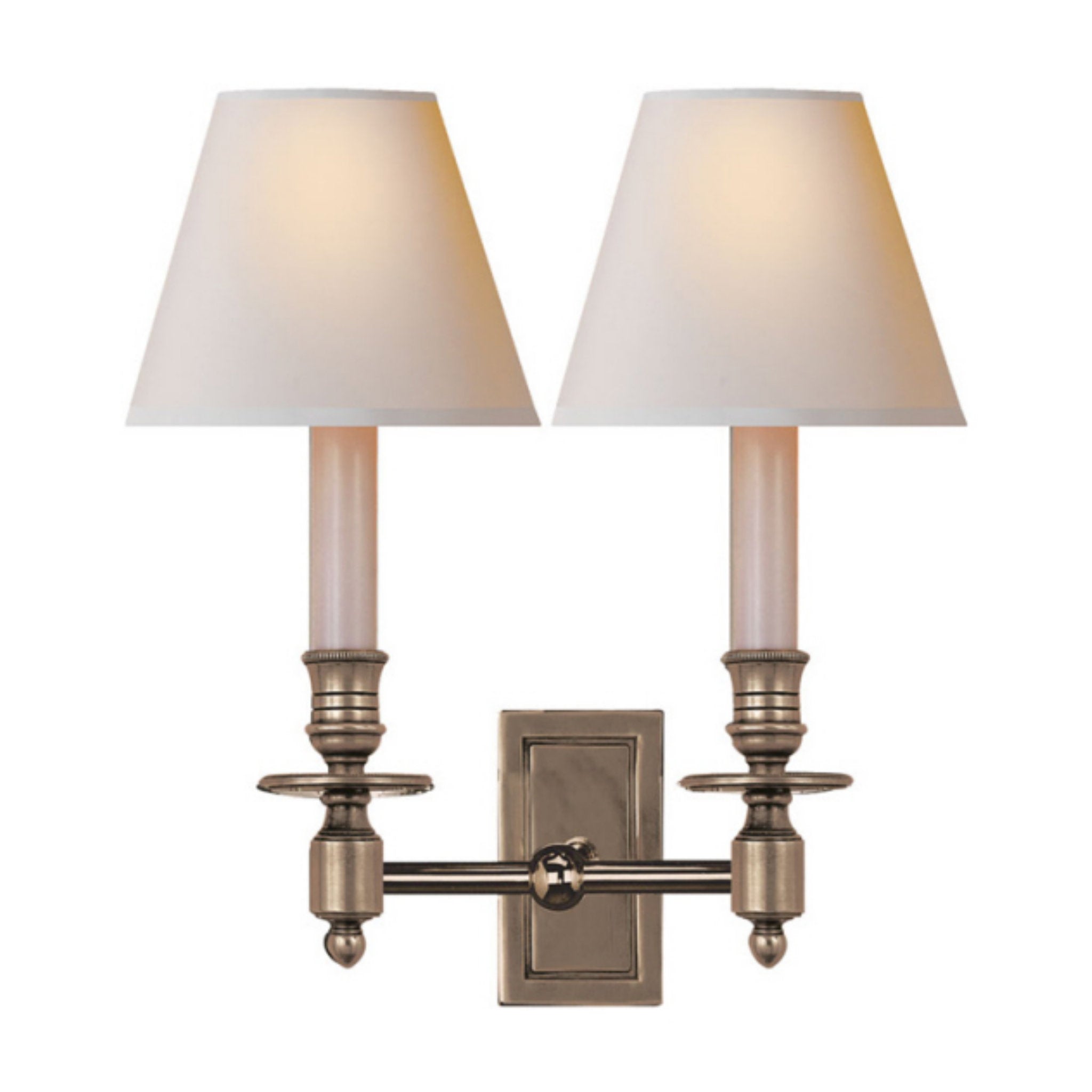 Visual Comfort French Double Library Sconce in Antique Nickel with Natural Paper Shades