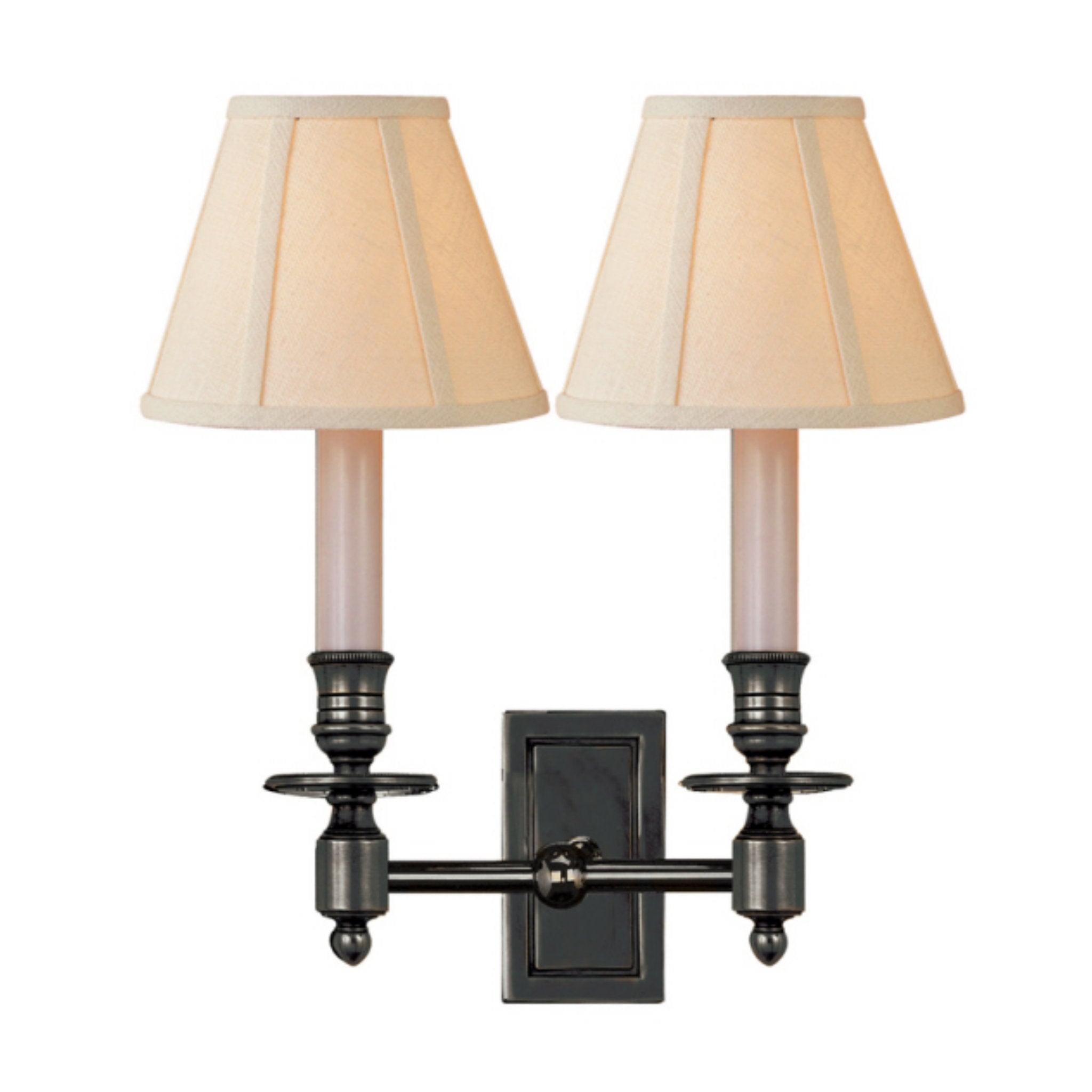 Visual Comfort French Double Library Sconce in Bronze with Linen Shades Wall Light W12" x H12"