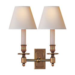 Studio VC French Double Library Sconce in Hand-Rubbed Antique Brass with Natural Paper Shades