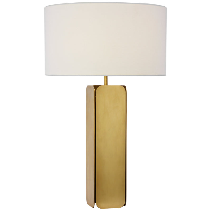 Ian K. Fowler Abri Large Paneled Table Lamp in Hand-Rubbed Antique Brass with Linen Shade