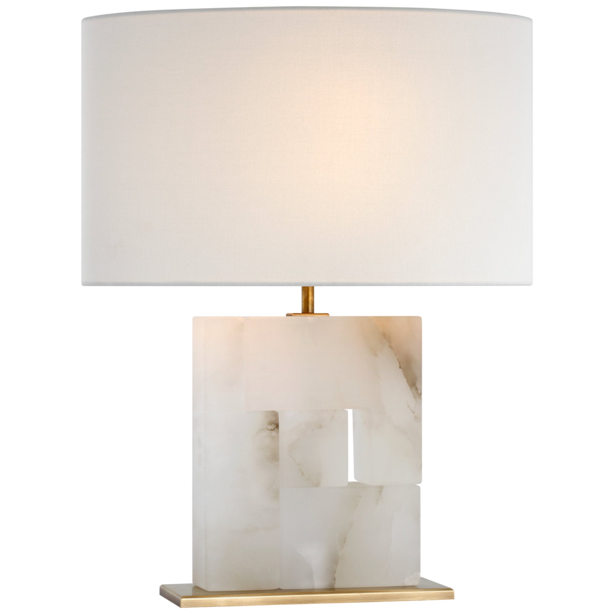 Ian K. Fowler Ashlar Medium Table Lamp in Alabaster and Hand-Rubbed Antique Brass with Linen Shade