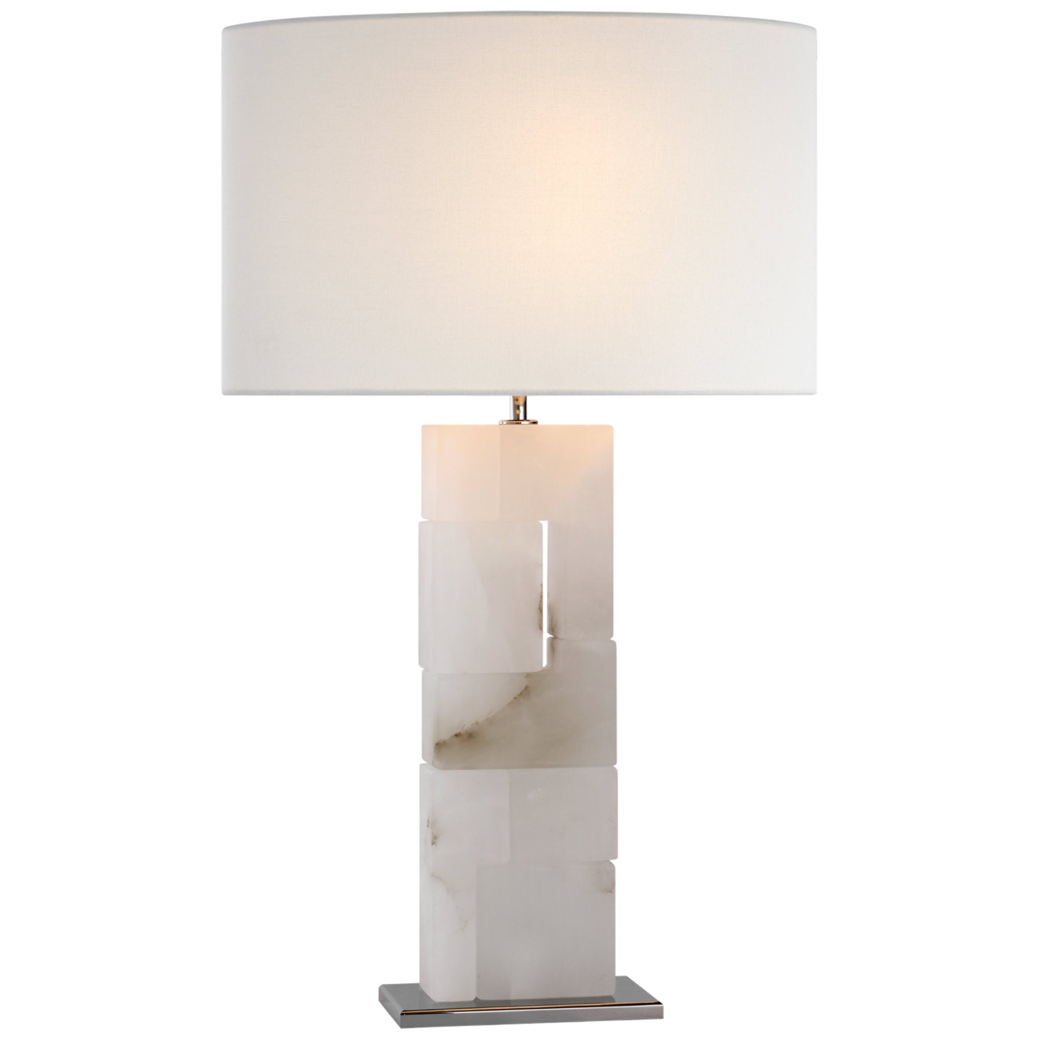 Ian K. Fowler Ashlar Large Table Lamp in Alabaster and Polished Nickel with Linen Shade